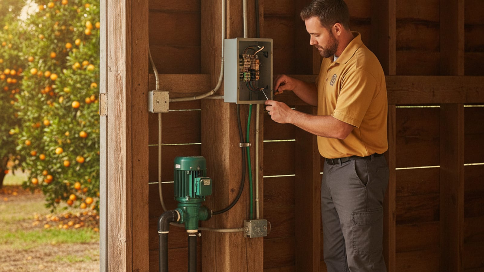 Electrical panel and irrigation pump wiring inside a barn on the Lake Wales Ridge