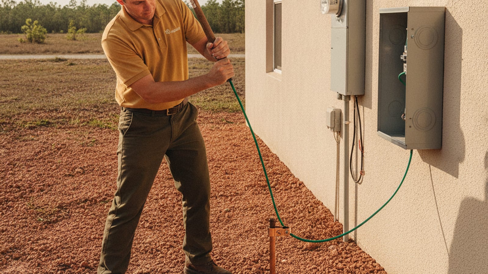 Electrical grounding rod installation in reclaimed phosphate land soil near Mulberry Florida