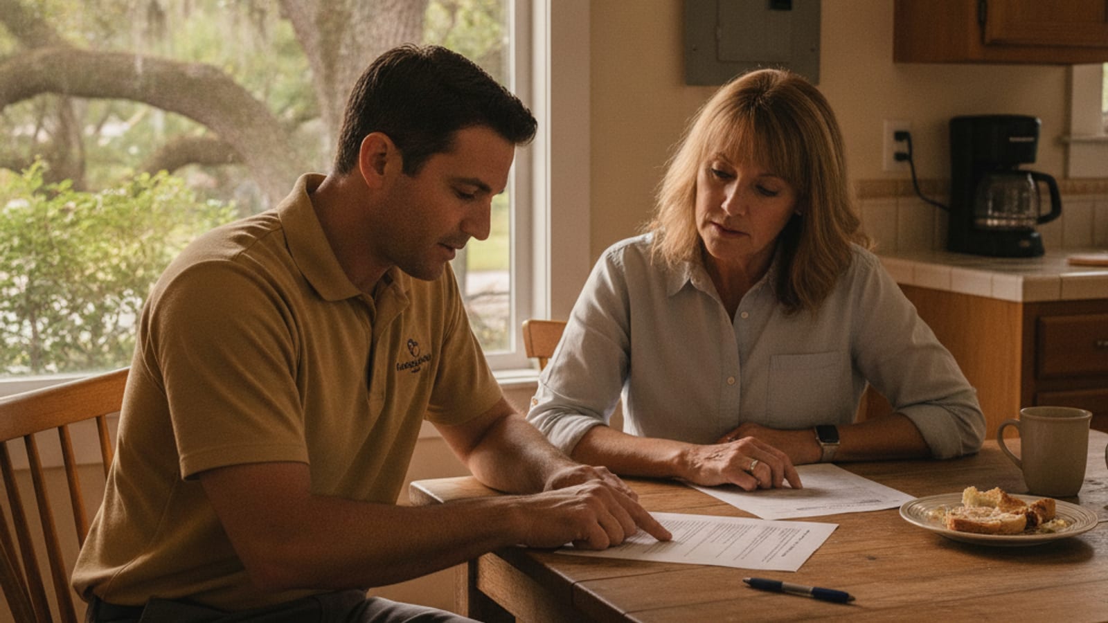 Homeowner reviewing an electrical quote with an electrician in a Lakeland Florida home