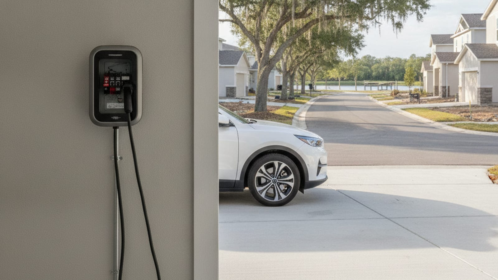 Level 2 EV charger installed in a new construction garage in Davenport Florida