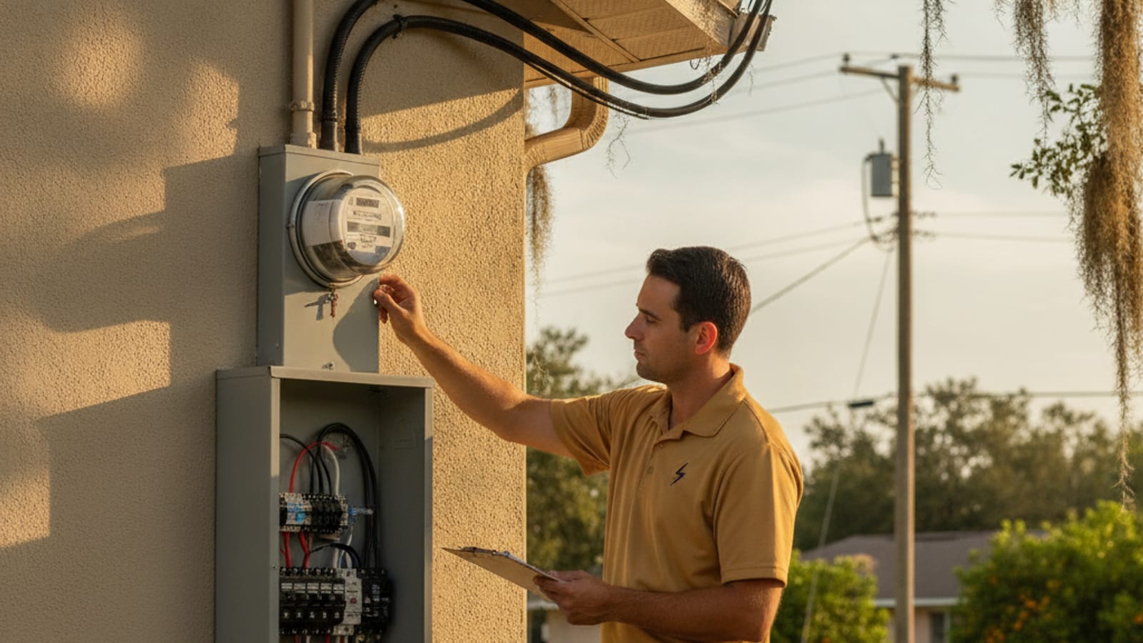 Electrical meter and service panel on a Lakeland Florida home with utility lines overhead