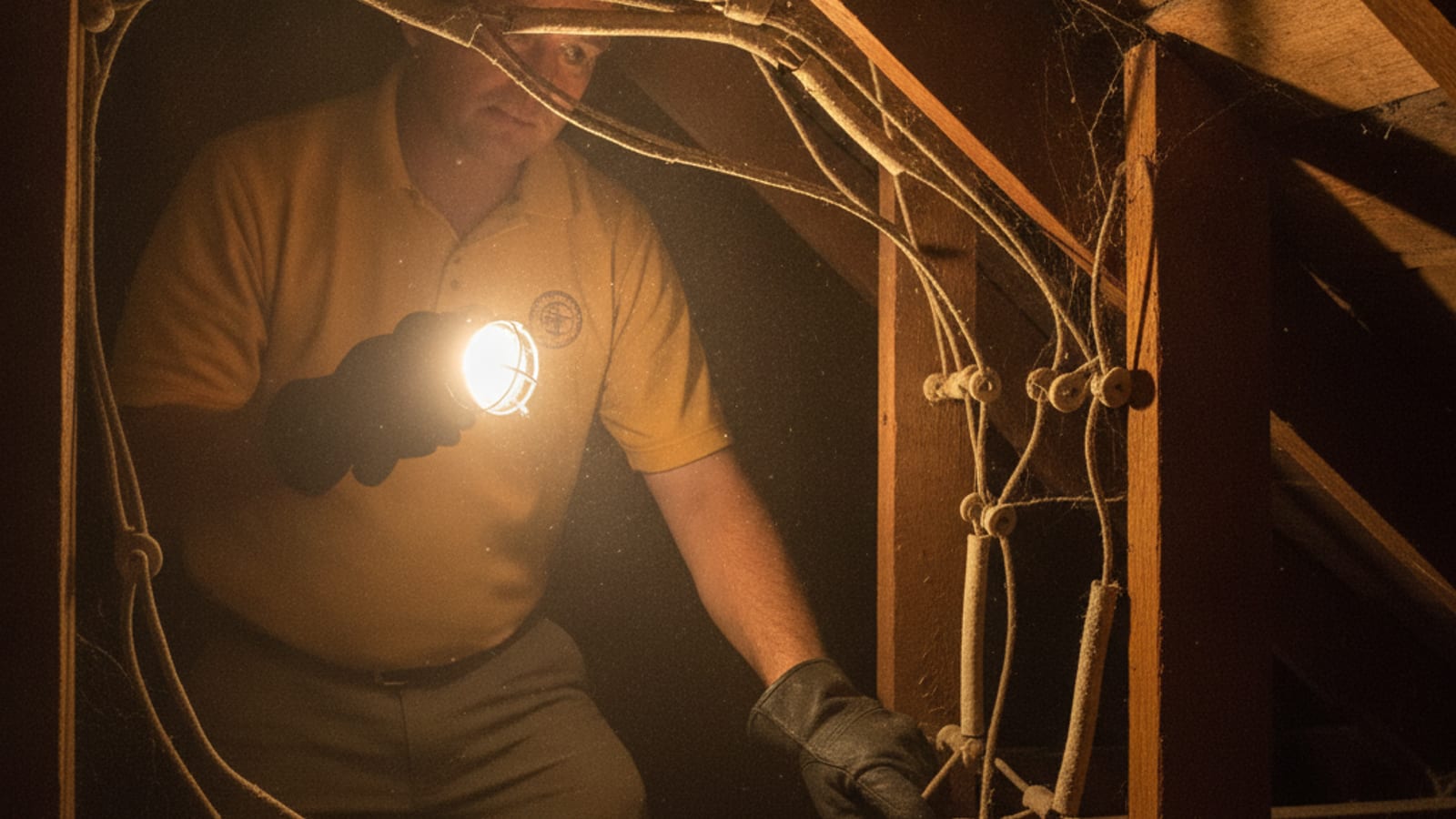 Original knob and tube wiring exposed in the attic of a historic Lakeland bungalow