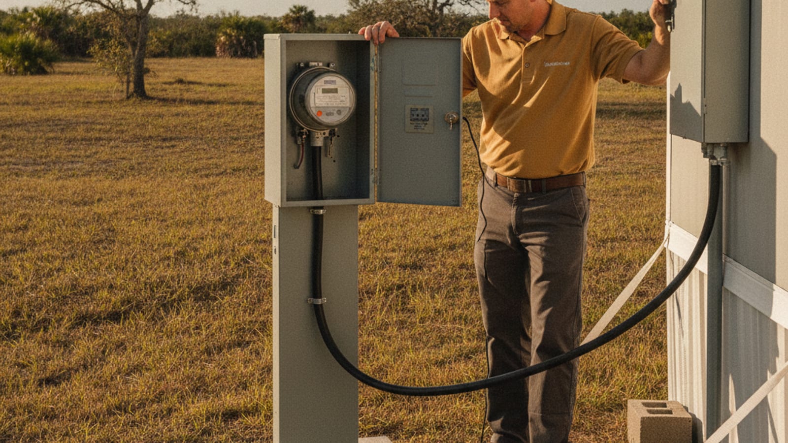 Electrical service pedestal and meter can outside a manufactured home in rural Polk County