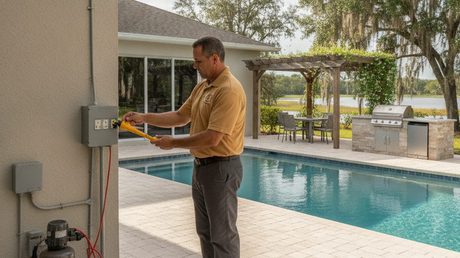Pool and outdoor kitchen electrical outlets at a Polk County short-term rental home