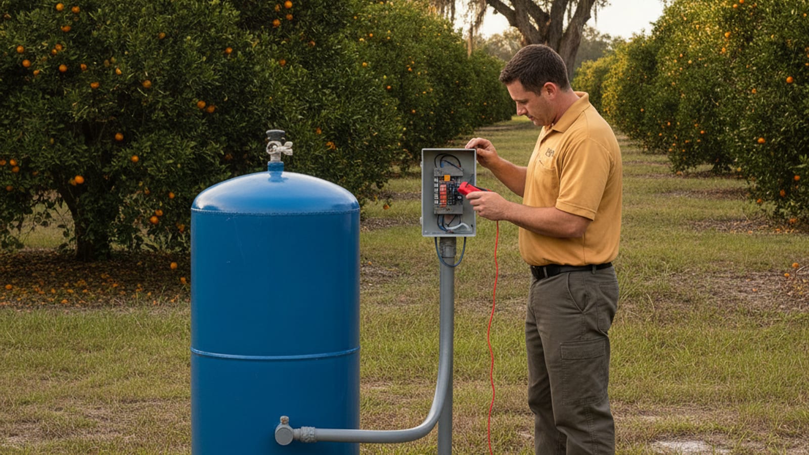 Well pump pressure tank and electrical disconnect box on rural Polk County property