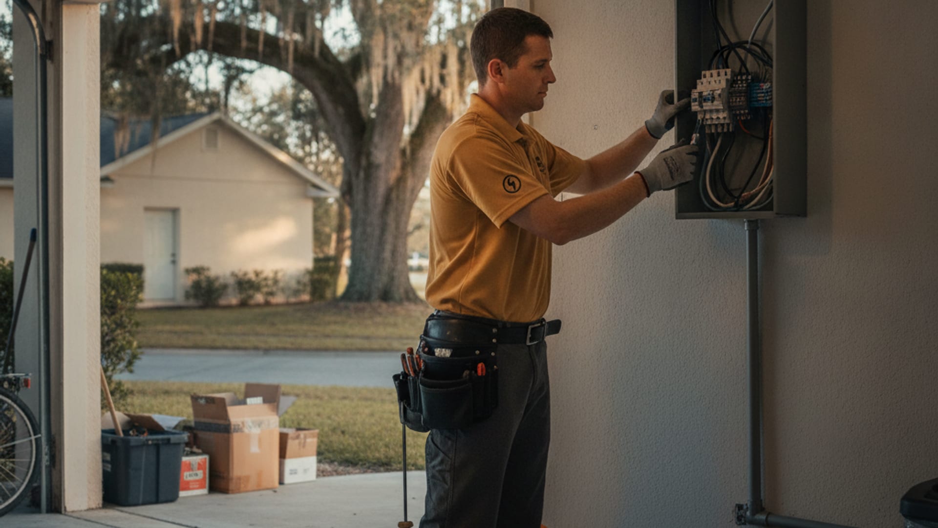 Polk County electrician installing a breaker panel in a home garage