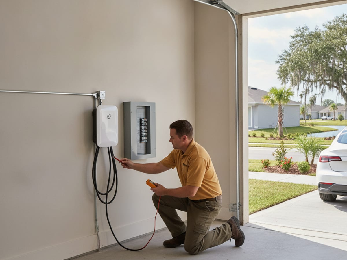 Level 2 EV charger mounted in a Polk County garage with a clean conduit run