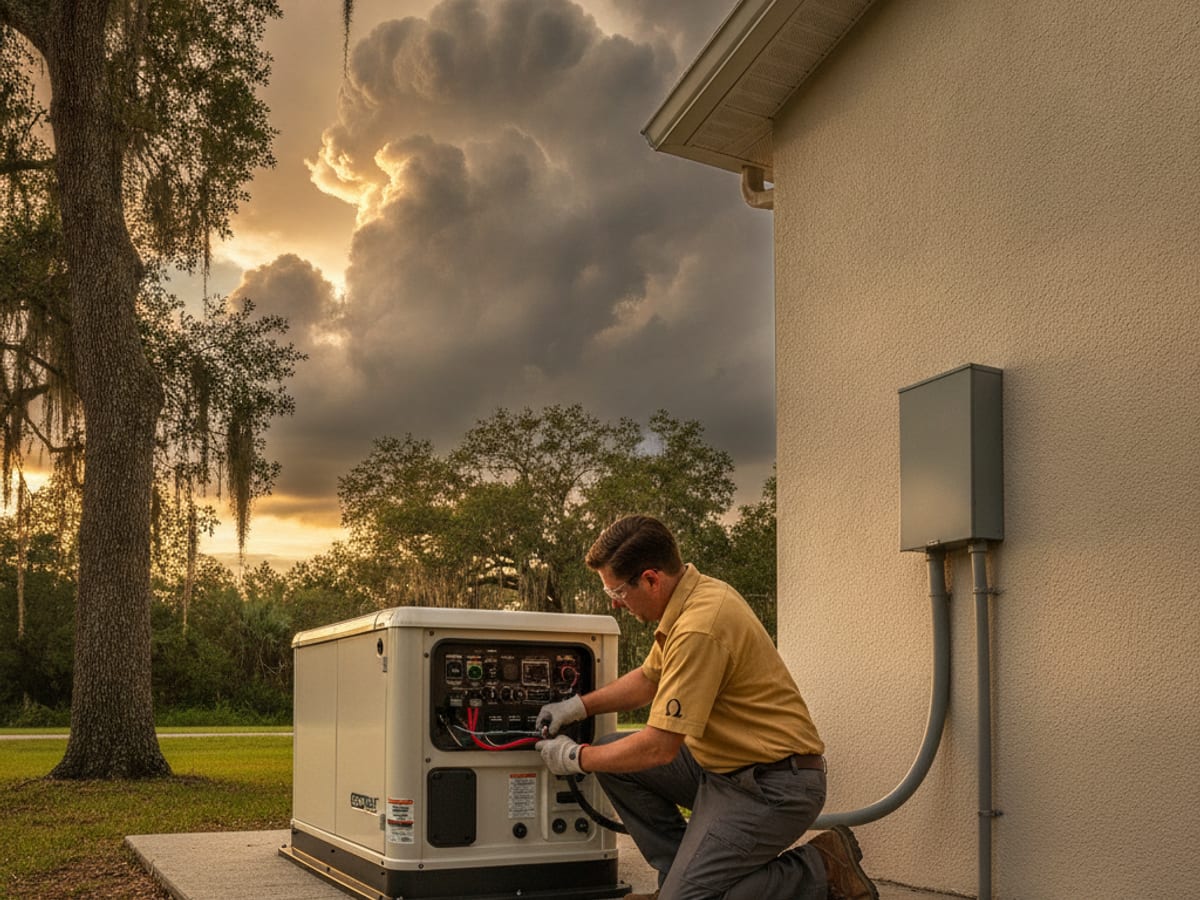 Standby generator installed on a concrete pad outside a Polk County home
