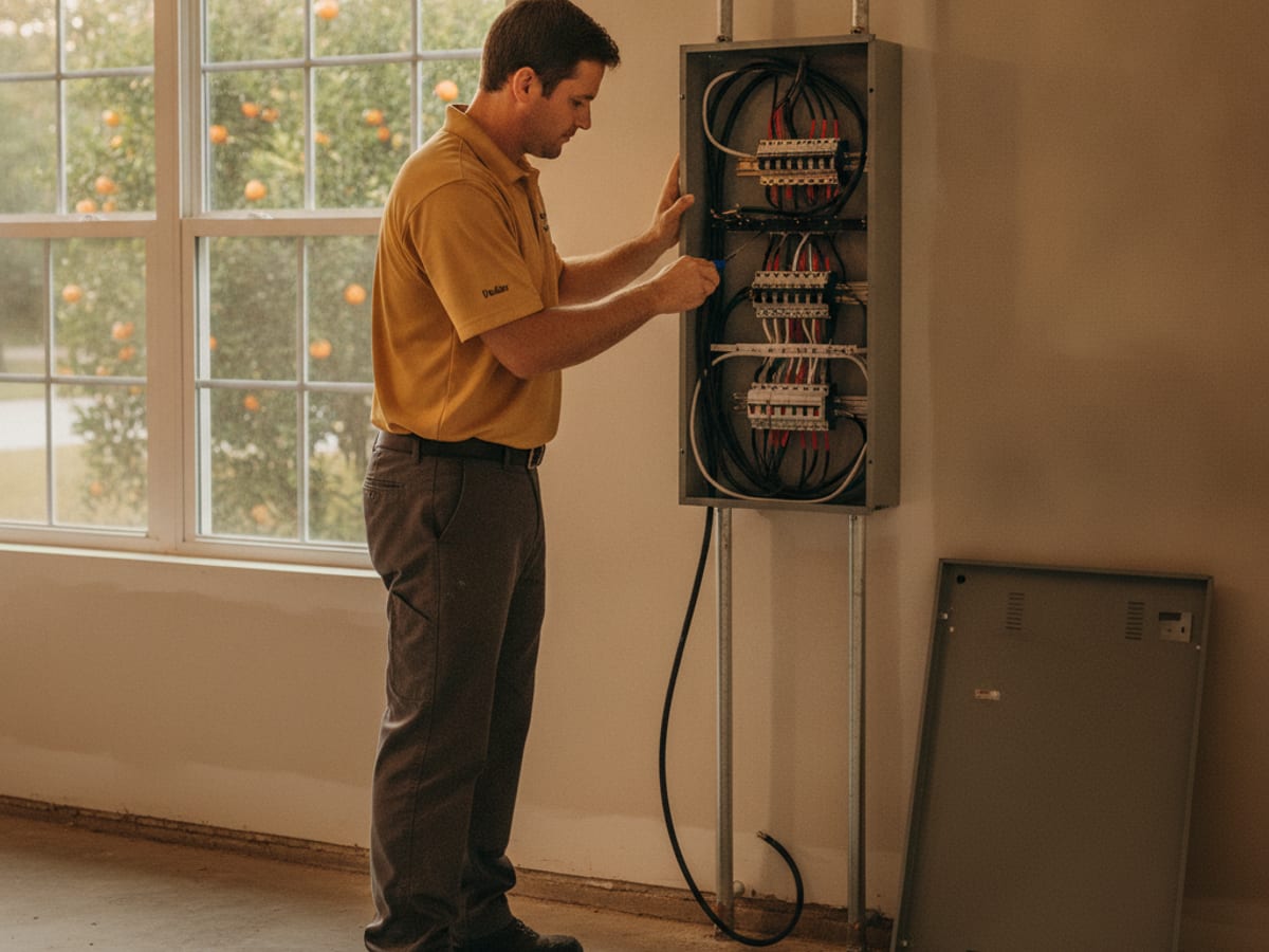 Electrician installing a new 200-amp panel in a Polk County home