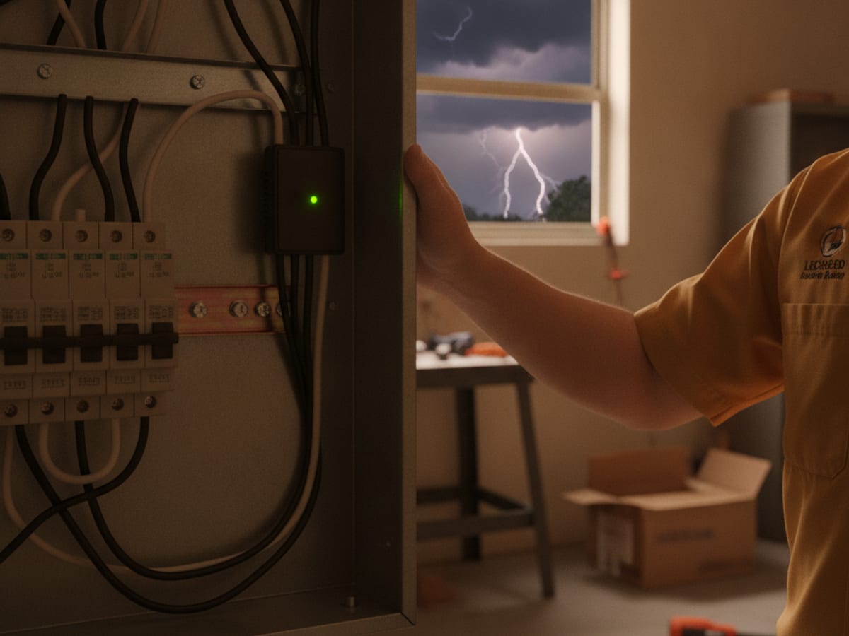 Emergency electrician responding to a storm-damaged panel at a Polk County home at night
